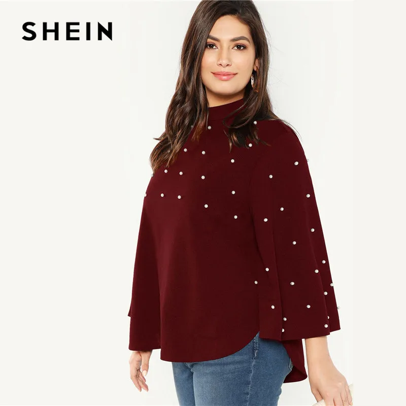 Cena SHEIN Plus rozmiar czarny stojak kołnierz perła zroszony długi, rozszerzony rękaw stojak kołnierz kobiety dorywczo jesień bluzki z litego materiału
