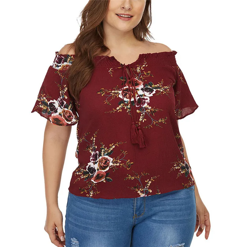 New Fashion Women Summer Casual Daily Plus Size Slash Neck Off Shoulder Floral Print Tassel Ribbons Top #4F05 (4)
