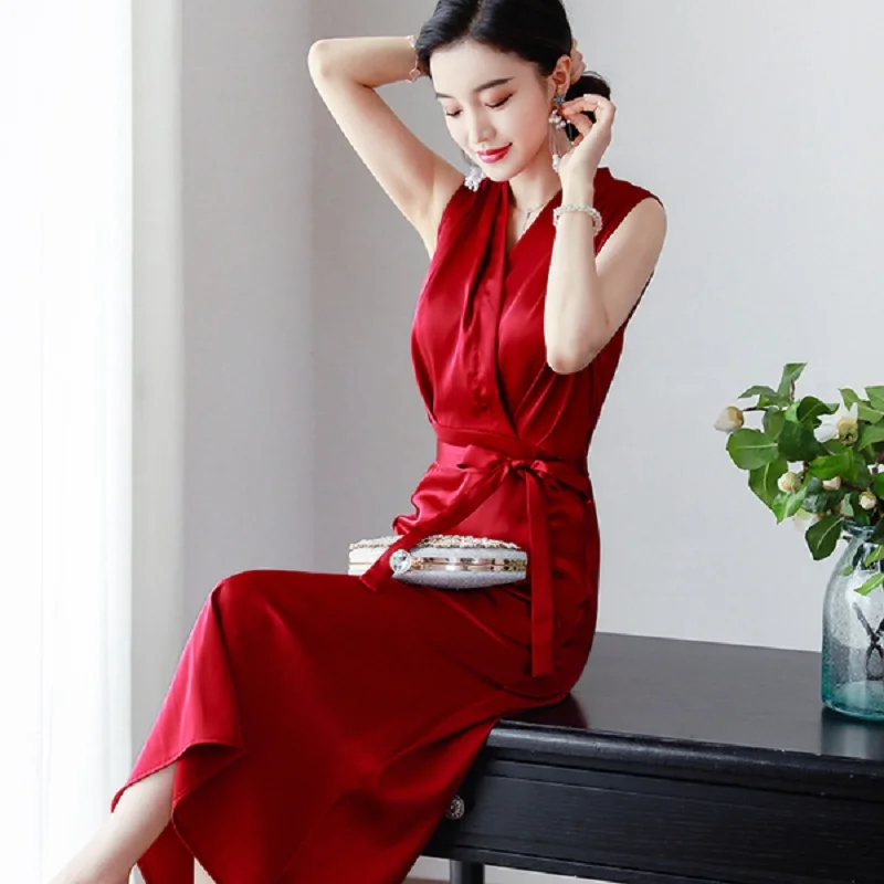 Женское атласное платье с v-образным вырезом Длинное Элегантное лето 2019 | Женская