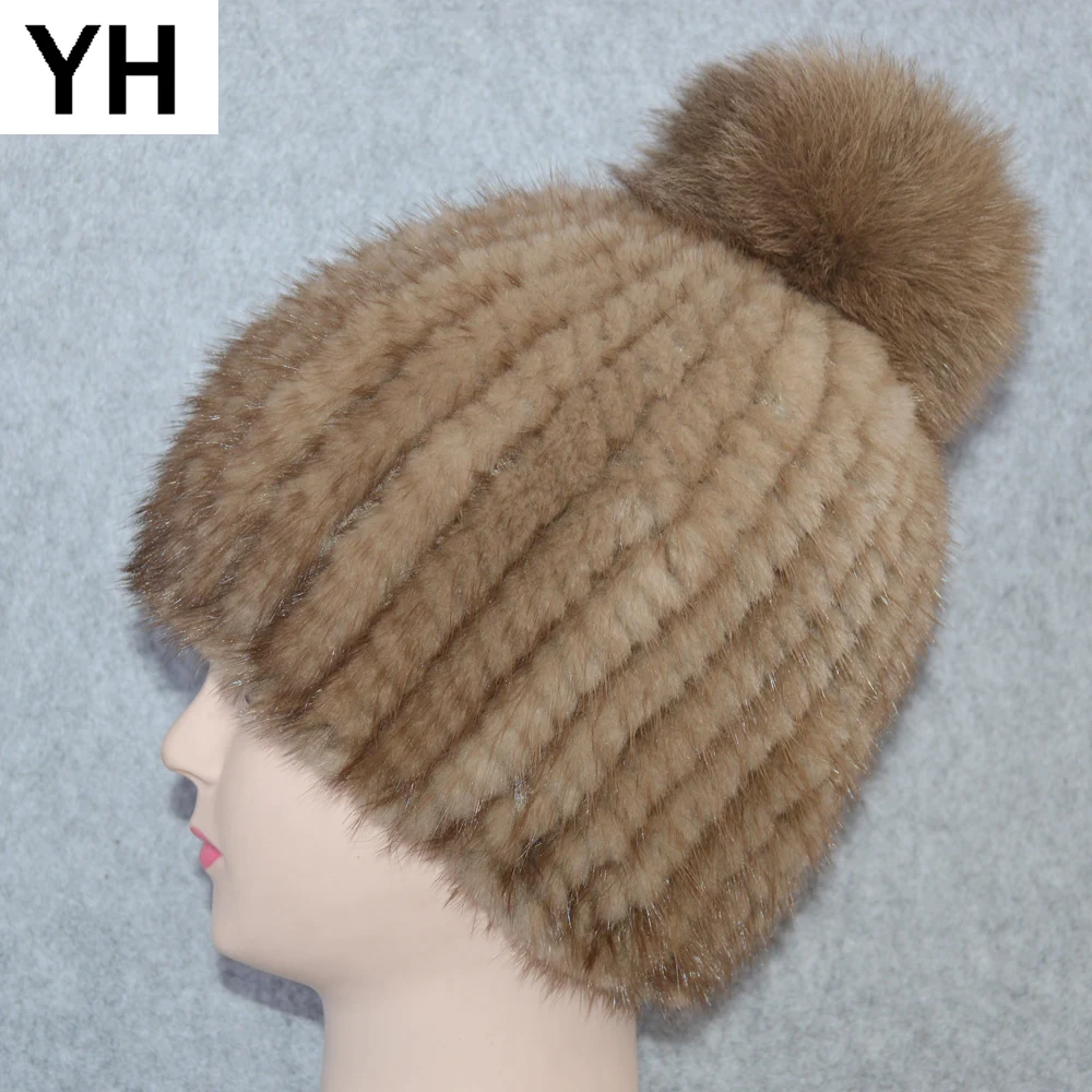 

2019 New Lovely Winter Real Mink Fur Hats Women Warm Top Cap Fox Fur Ball Hat Beanies Female 100% Natural Genuine Mink Fur Caps