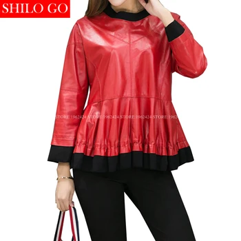 

SHILO GO Fashion Street Women's Formal Office O-Neck Long Sleeve Ruffles Pleated Sheepskin Genuine Leather Blouse Ladies Blouse