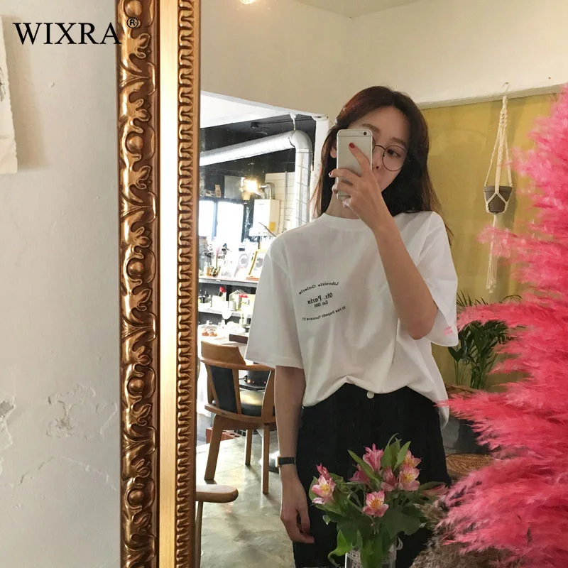 Wixra Женская классическая белая хлопковая Футболка с буквенным принтом свободная