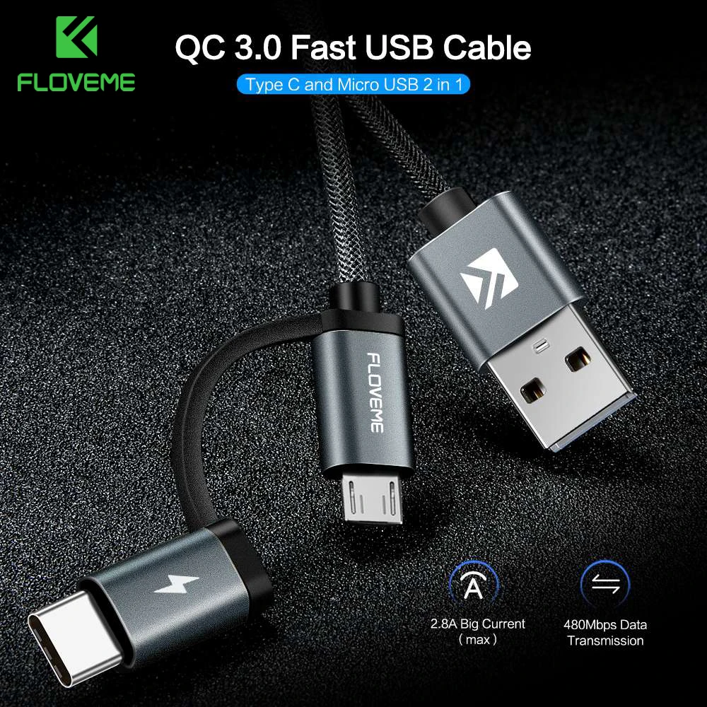 FLOVEME QC 3,0 быстрый USB кабель 2 в 1 usb type C для samsung Galaxy S9 S8 Plus Micro USB кабели для Xiaomi Кабо зарядное устройство для телефона