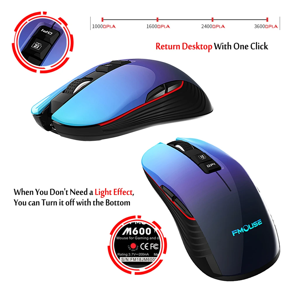 M600 Pro Rechargeable Wireless Gaming Mouse Optical LED 2.4GHz Computer Mouse with USB Receiver Silent Click 4 DPI 8 Buttons