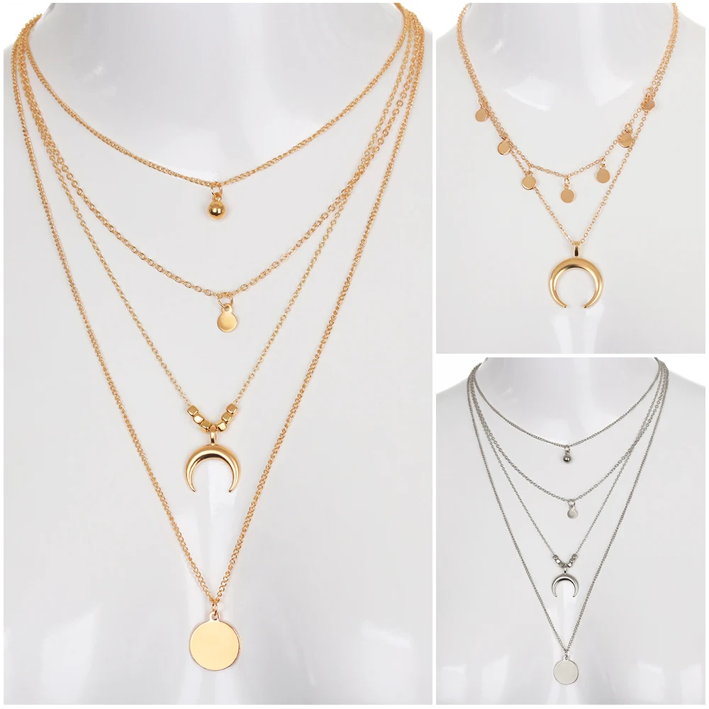 

1PC Crystal Star Moon Multilayer Necklace Boho Vintage Pendant Necklaces Women Golden Alloy Choker Fashion Jewelry