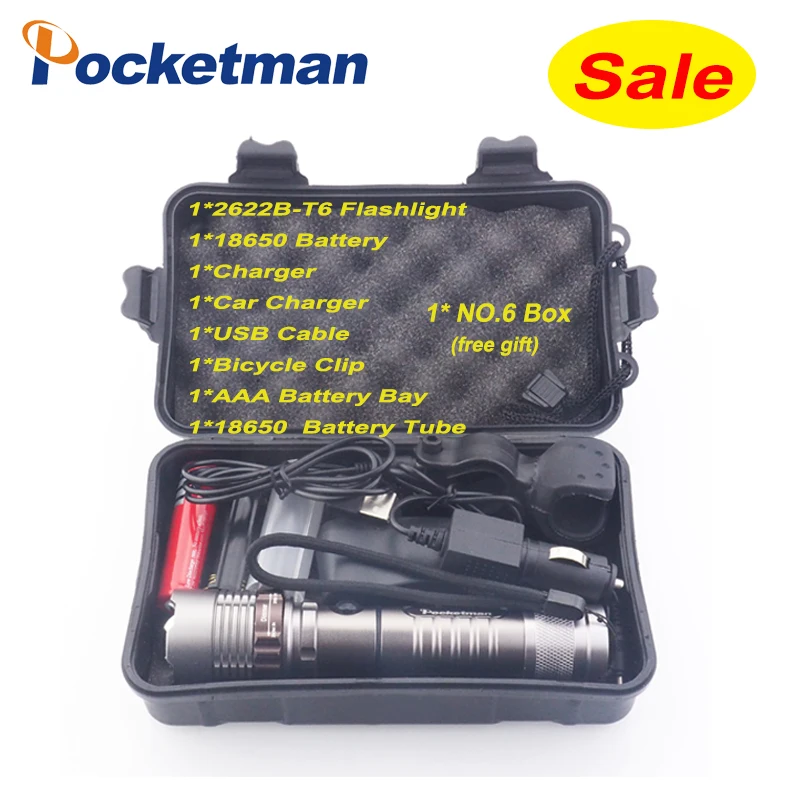 

Rechargeable Lantern Hunting FlashLight 8000lmT6 LED Flashlight 18650 battery+charger+Bicycle clip+box Promotion set torch