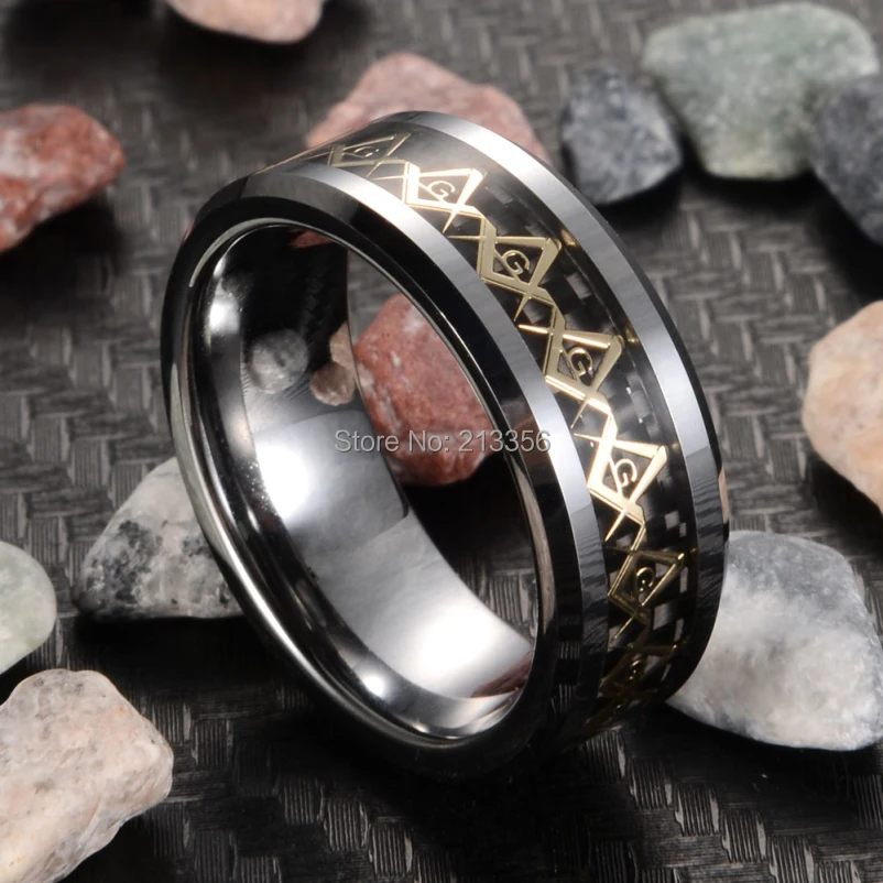 

Cheap Price Free Shipping USA Hot Sales 8MM Silver Bevel New GP Mason Foil Black Fiber Inlay Men's Fashion Tungsten Wedding Ring