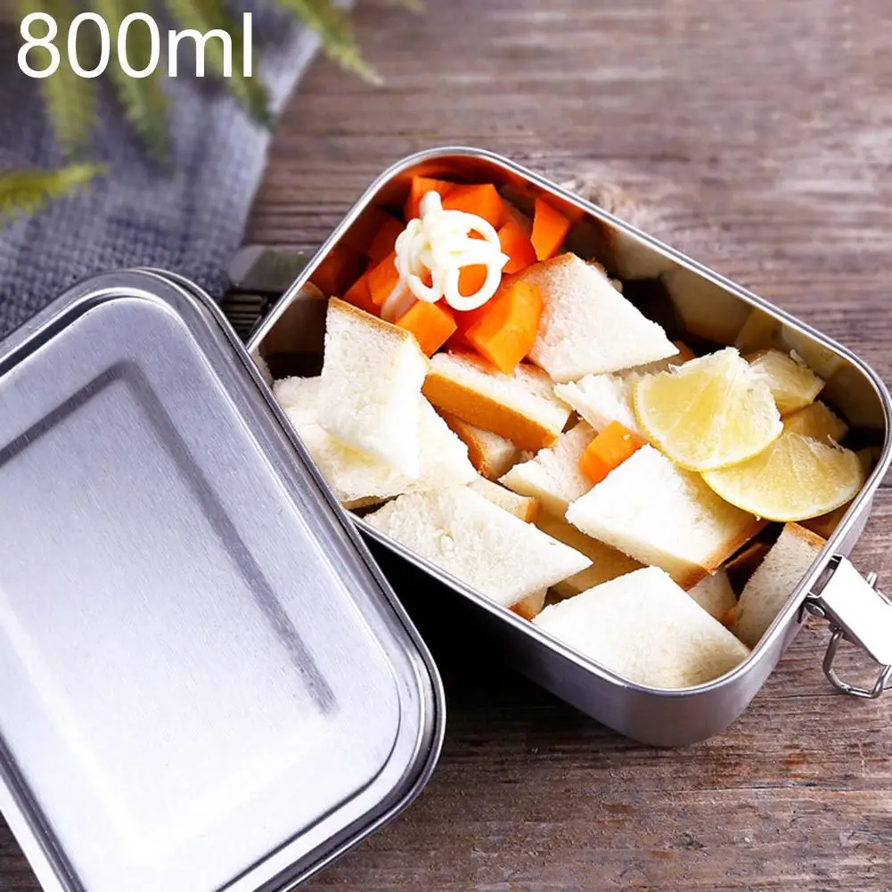 

800ml Portable 304 Stainless Steel Square Lunch Box Leak Proof Student Food Container Lunchbox For School Office Picnic