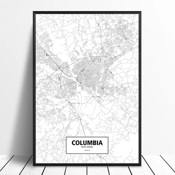 

COLUMBIA, SOUTH CAROLINA, UNITED STATES Black White Custom World City Map Poster Canvas Print Nordic Style Wall Art Home Decor