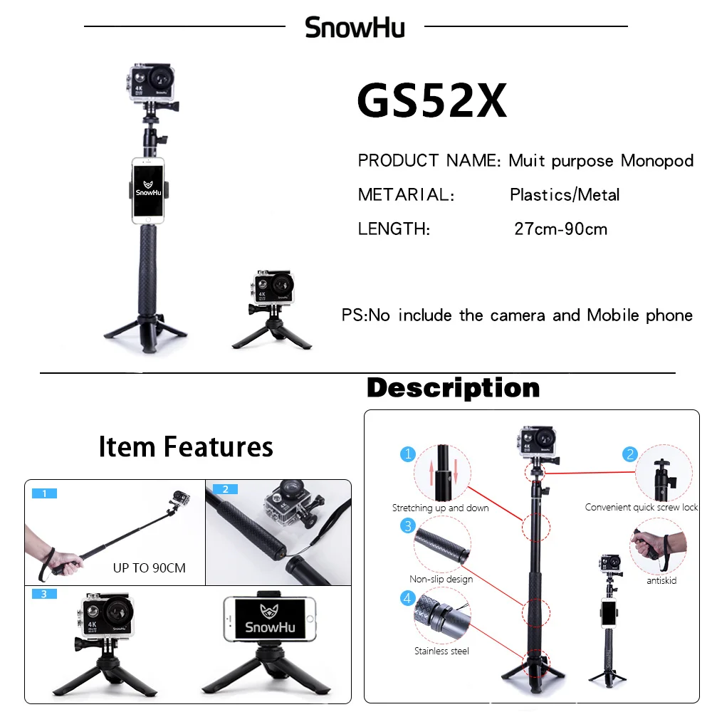 Baratos SnowHu para Gopro accesorios de montaje para ir pro hero 8 7 6 5 4 3 negro para xiaomi yi 4K Cámara de Acción accesorios GS52