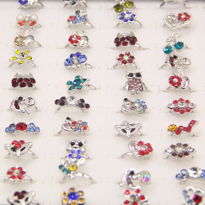 

Wholesale Lot 20 pcs silver plated assorted design Cute Kid party small child crystal ring adjustable Free Shipping