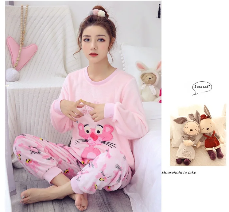 Зимний женский пижамный комплект с рисунком Розовая пантера вышивка Фланелевая Пижама домашняя одежда Женская Толстая мягкая Пижама