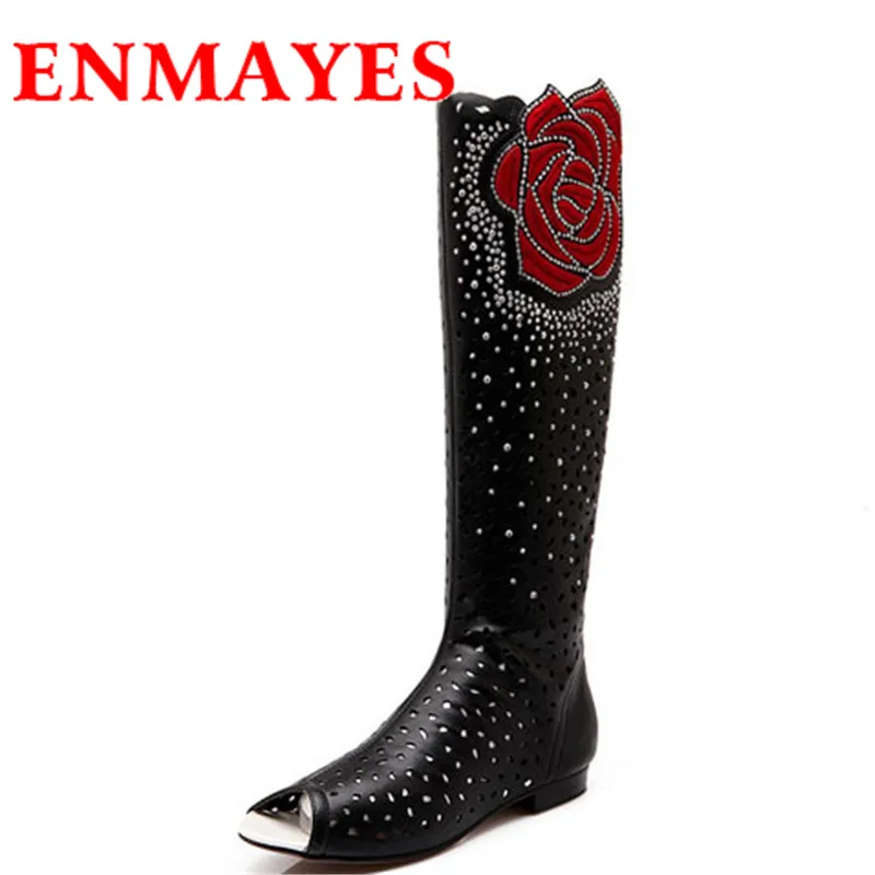 

ENMAYES Mid-Calf Round Toe Flat Women Boots Flowers Cut-Outs Summer Boots for Women Big Size 34-43 Black White Motorcycle Boots