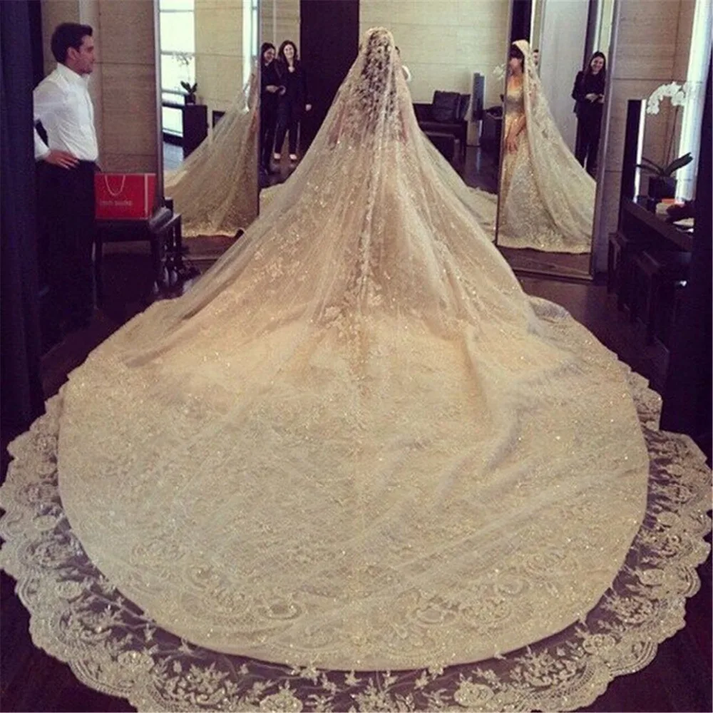 

New Luxury Wedding Accessory Custom Meters One Layer Shining Crystal Beading Wedding Veil Long Bridal Veil With Comb