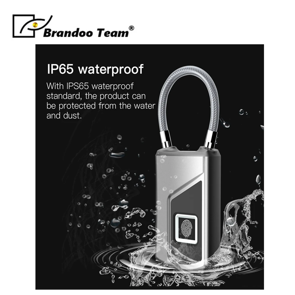 

USB Rechargeable Smart Keyless IP66 Waterproof electronic fingprint padlock Anti-Theft Security fingerprint controller Brandoo