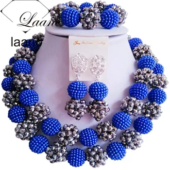 

African Costume Jewelry Arrival Nigerian Wedding Beads Crystal Royal Blue and Silver 2017 AL082