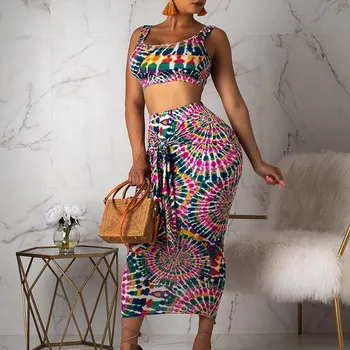 

Women Sexy Sleeveless Two Piece Set Casual 2019 Summer Crop Top And Midi Pencil Skirt Printing Suit Party Outfits