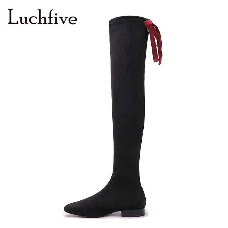 

Fashion stretch fabric lace up over the knee boots women round toe square low heels long boots black grey winter boots women