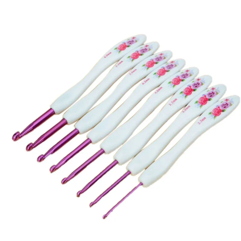 

8 pieces/set Aluminum Crochet With Ceramic Handle Vintage Floral Print Knitting Needle Crafts Knitting Needle