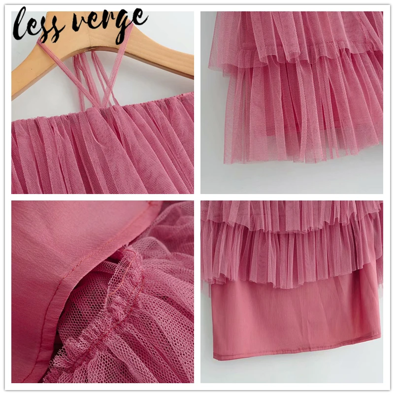 Lessverge Плиссированное многослойное Сетчатое розовое платье, сексуальное мини-платье с открытыми плечами и лямкой на шее, элегантные летние пляжные повседневные платья для женщин