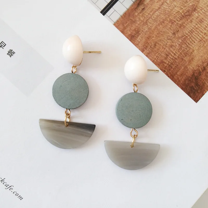 blue Pierced Ears Элегантные Простые Женские Геометрические деревянные полукруглые серьги-клипсы, деревянные серьги-клипсы без пирсинг ушей - Окраска металла: blue Pierced Ears