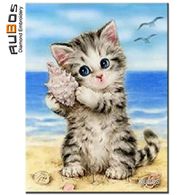 

RUBOS cute cat on beach animal 5d diy diamond painting Diamond embroidery mosaic pattern Embroidered with rhinestones home decor