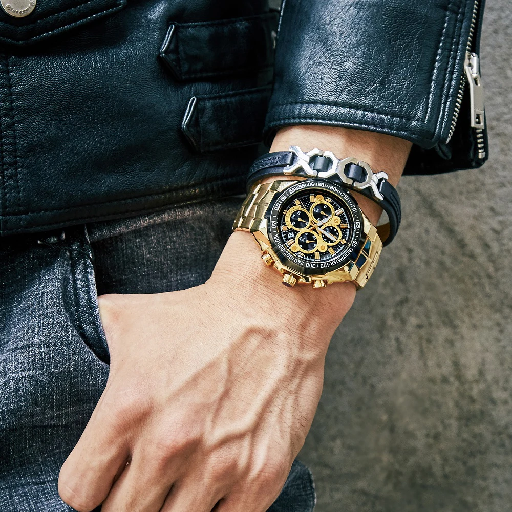  WWOOR Luxury Fashion Steel Strap Watch Men Quartz-watch Casual Male Sports Business Wristwatch Gold