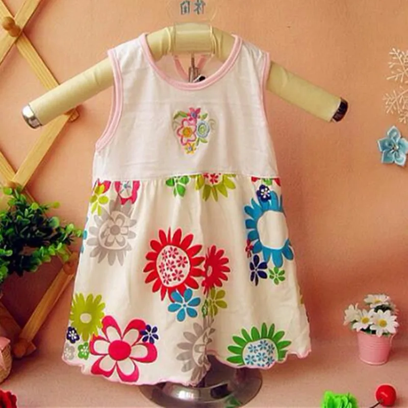 

2016 Retail Baby Girls Dress Infant 100% Cotton Clothing Sleeveless Printed Dress Summer Clothes IOR-E8R5E9