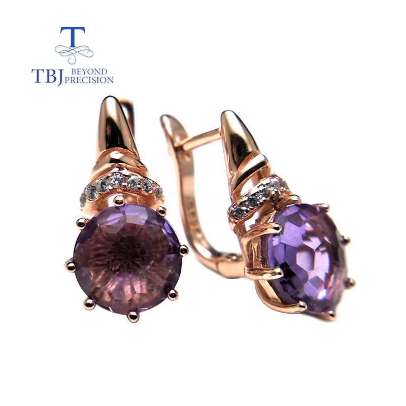 

TBJ, Natural light colored amethyst football cutting round 8mm 2.15ct gemstone clasp earring 925 sterling silver rose gold