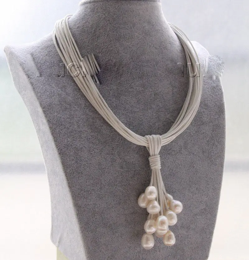 

FREE SHIPPING>>>@@ > Choker 16" 15row 14mm white pearls white leather Pendant necklace 5.27