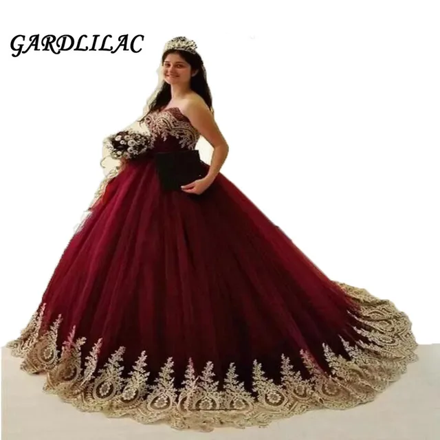 maroon and gold quinceanera dresses