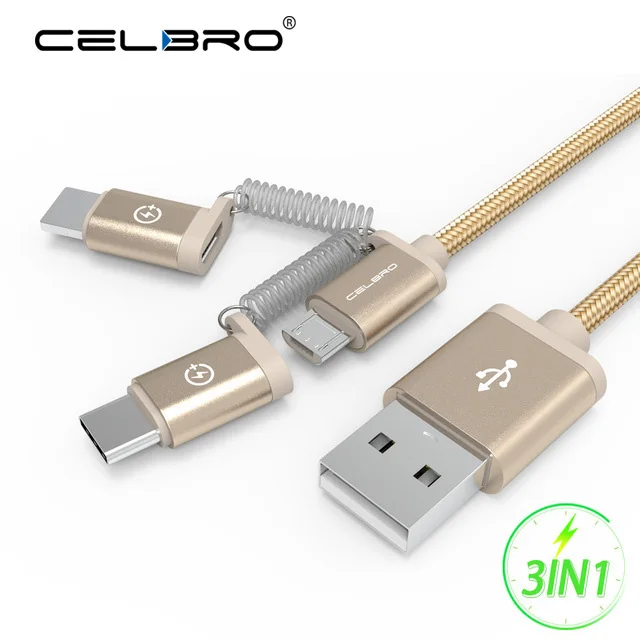 

3 IN 1 USB Type C Charging Cable for Oppo Meizu LG Android Fast Charging Phone Charger Cables USBC MicroUSB Data Cord 2.4A 1M