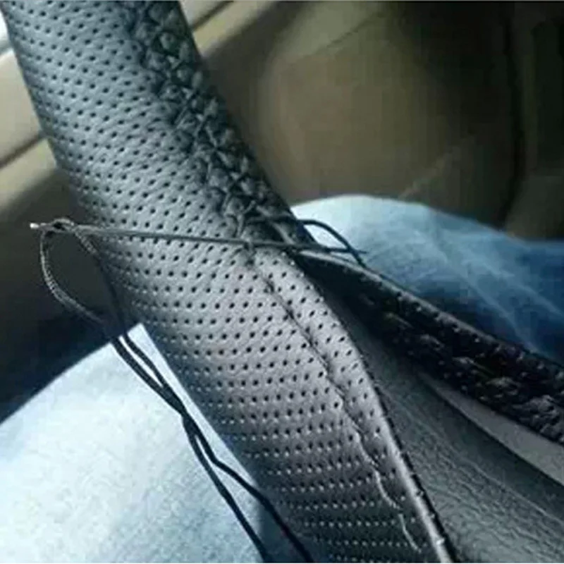 

LUNDA 1PC Automotive Artificial leather Steering Wheel Cover With Needles and Thread Black/ Gray Fit for Diameter 38cm