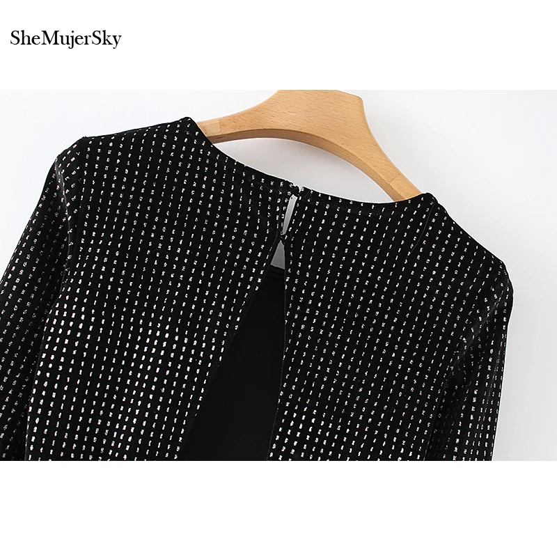 SheMujerSky Women Black Velvet Dress Sequined Long Sleeve O-neck Backless Sexy Mini Dresses vestito donna 2018
