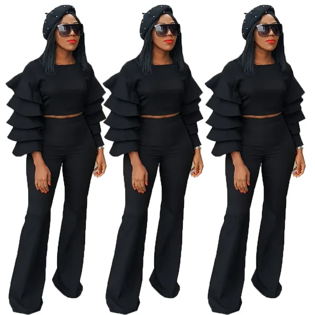 Best Price 2018 Fashion Autumn Winter New Women lantern Sleeve Two Piece Set black Sexy Solid Ruffles Two-piece suit Best Price 2018 Fashion Autumn Winter New Women lantern Sleeve Two Piece Set black Sexy Solid Ruffles Two-piece suit