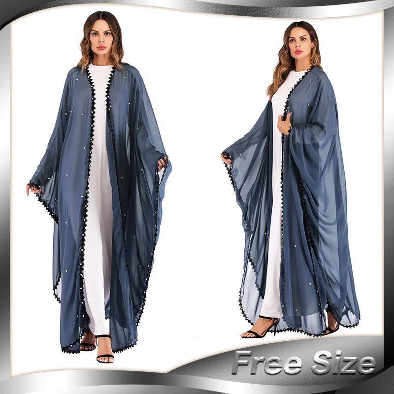 

Fashion Bating Sleeve Beading Women Cardigan Solid Lace Muslim Abaya With Pearls Islam Ankle Length Cape Dress