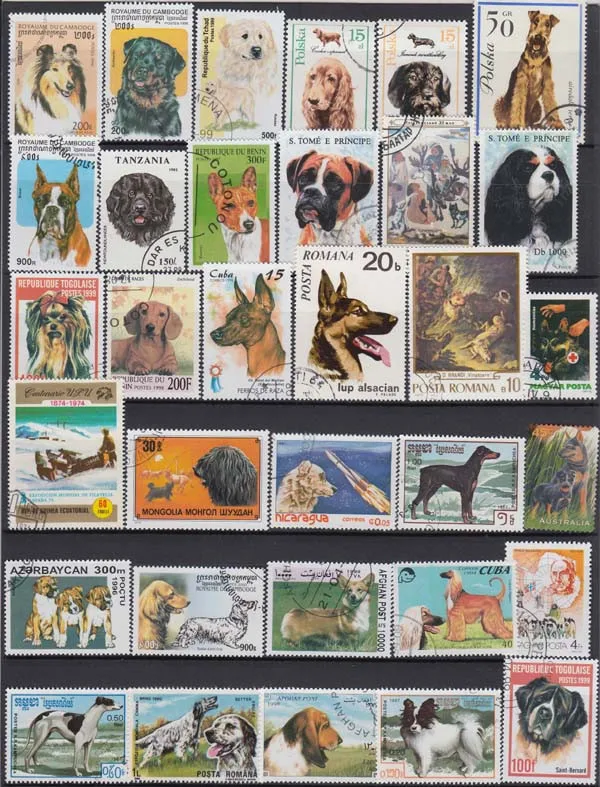 250 разных не повторяющихся почтовых марок с изображением собаки во всем мире в хорошем состоянии для сбора