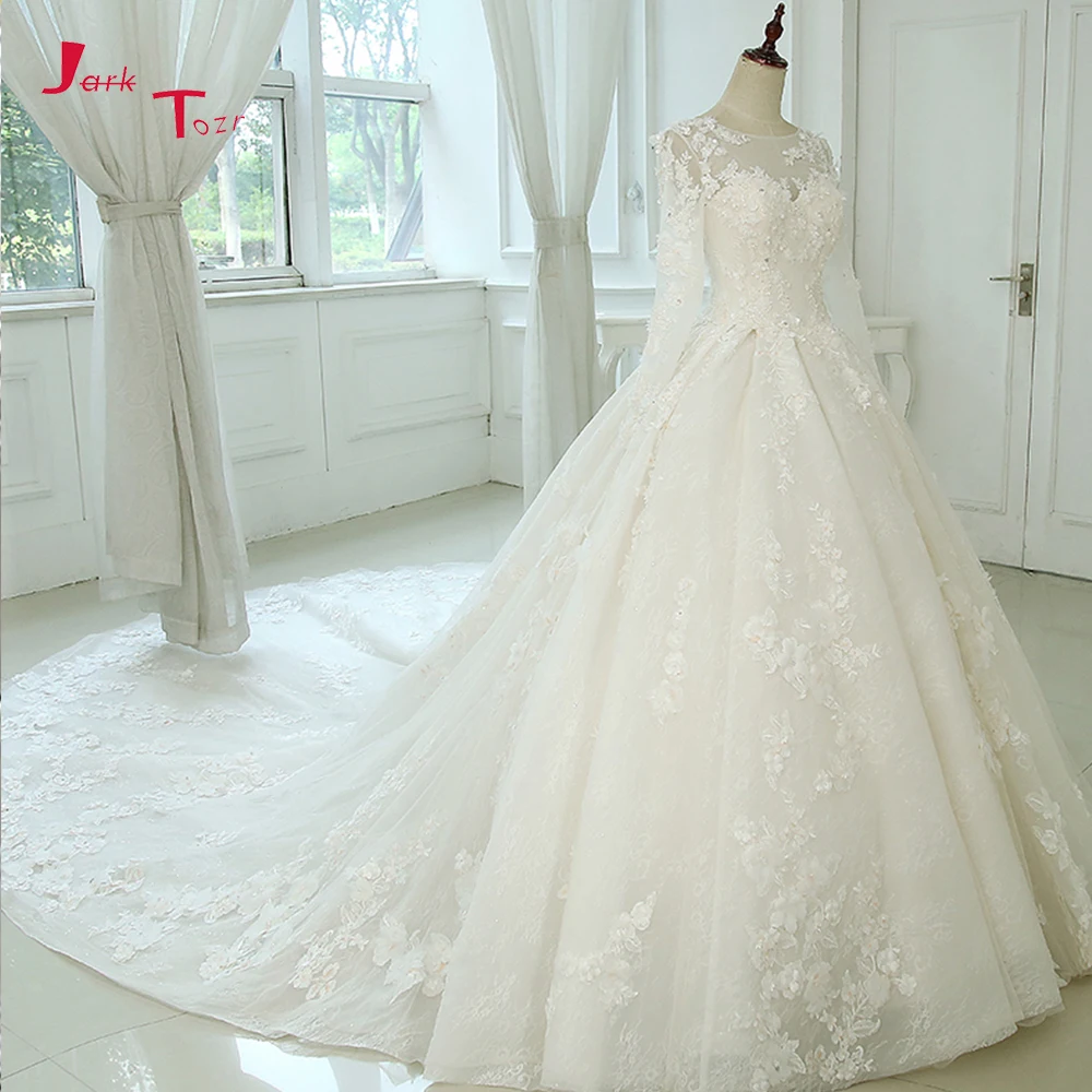 

Jark Tozr Gorgeous Long Sleeve Ball Gown Wedding Dresses 2019 Sequined Flowers Robe De Mariee Ivory Tulle Fashion Vestido Noiva