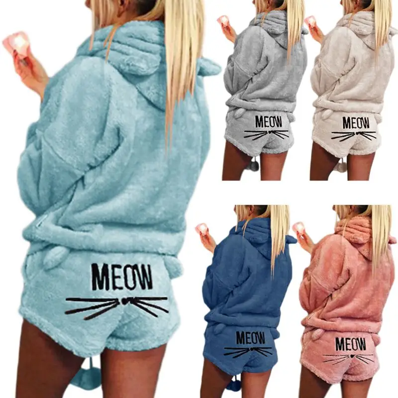 Women Girls Winter Thicken Pajamas Set Cute Cat Meow Embroidered Short Pants Long Sleeve Hooded Ears Sweatshirt Warm Sleepwear