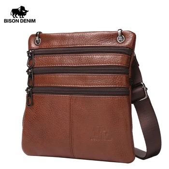 

BISON DENIM Cow Genuine Leather Shoulder Bags Zipper Designer Waist Bag Business Crossbody Messenger Bags For Men Male W2434
