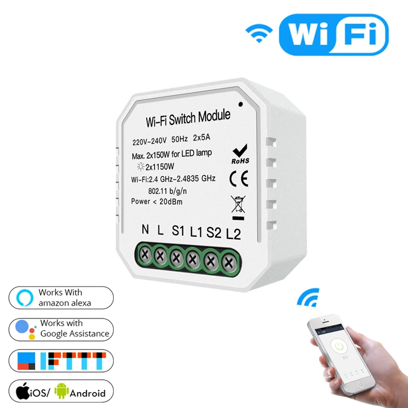 2 Gang 2 Way WiFi Smart Light Switch Diy Breaker Module Smart Life/Tuya APP Remote Control,Working with Alexa Echo Google Home - Цвет: 1 PC