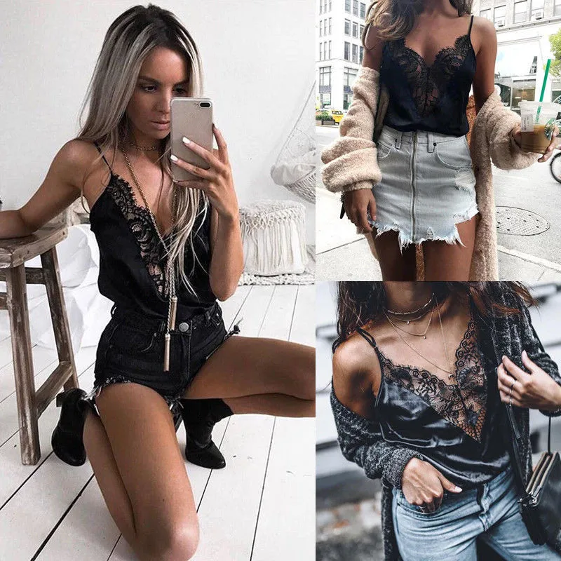 Patchwork Camis Women Sexy Spaghetti Strap Lace Stain Tops Black Shirts Camisole Inner Shirt Summer Crop Top For Womens Hot