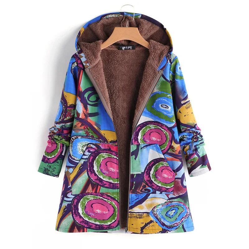 

Hooded Coats Cotton Linen Autumn Winter Jacket Coats Womens Outwear with Warm Fleece Floral Print Pockets Vintage Oversize Coats