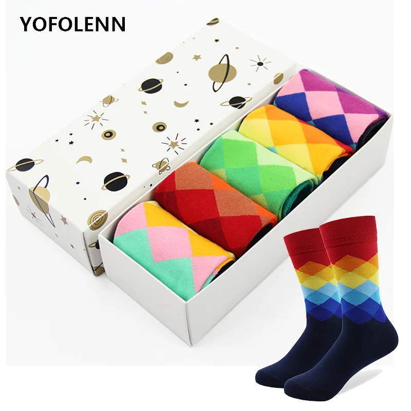 Free Shipping Brand Men's Funny Colorful Combed Cotton Socks Diamond Pattern Long Tube Skateboard Happy Socks for Men (No Box) high quality combed cotton socks animal pattern long tube funny happy men socks novelty skateboard crew casual crazy socks