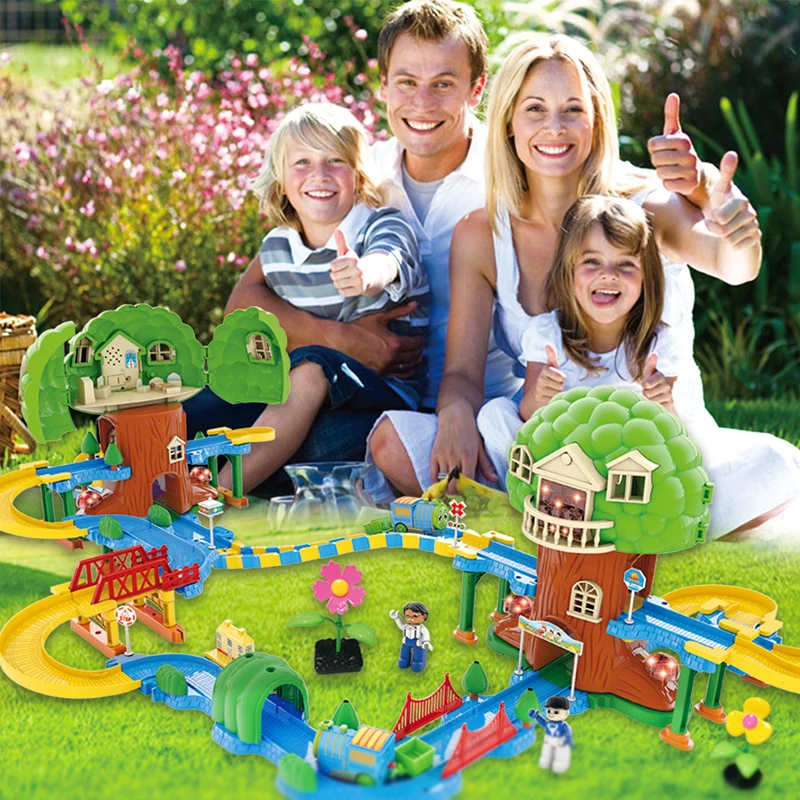 

Train Dream Tree House Electric Train Track Building Blocks ABS Funnel Slide Bricks Compatible Duplo kids Blocks