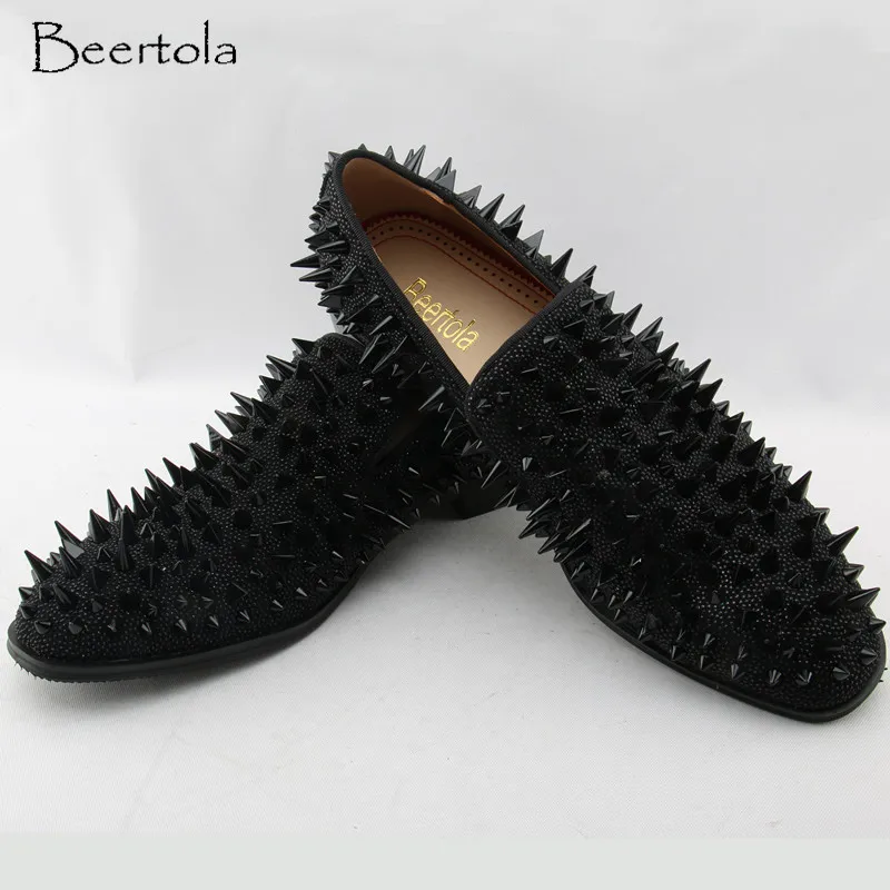 Beertola Casual Flats Shoes Man Real Leather Studded Rivets Spikes Shoes Top Quality Low Top Slip On Loafers Party Dress