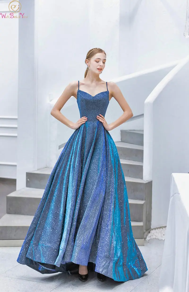 

Fashionable Sequined Blue Evening Dresses 2019 Elegant Spaghetti Strap V Neck Formal Party Long Prom Gowns arabic robe de soiree