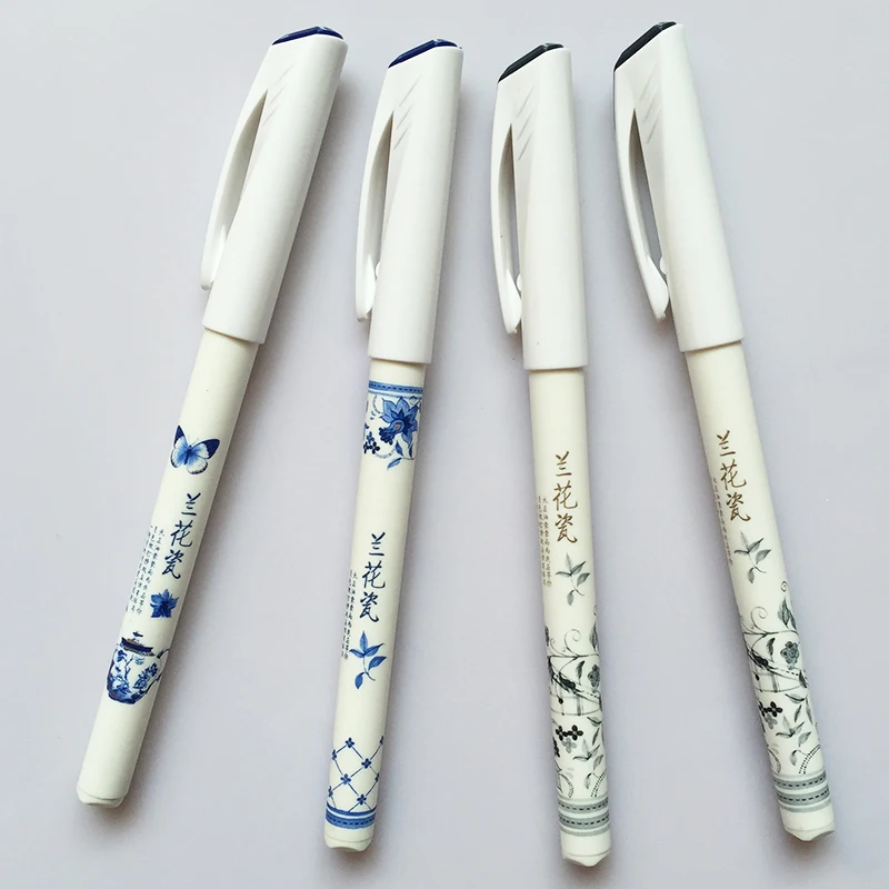 Classic Vintage Orchid Flowers Porcelain Look Ink  Wash Painting China Chic Style Ballpoint Pen 0.5mm Black Navy Blue Refillable