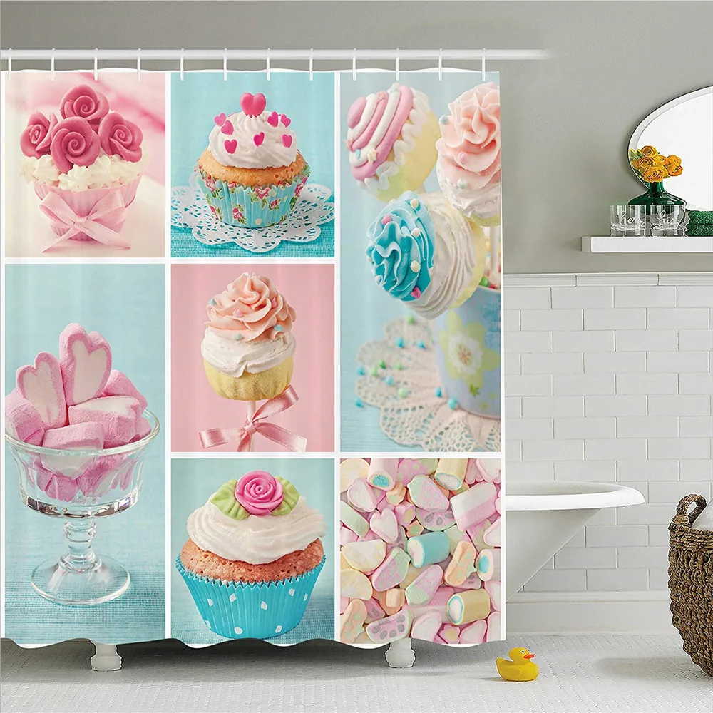 

Kitchen Shower Curtain by LIBIN, Collage of Cupcakes and Marshmallows in Pastel Colors Cute Sweet Photos, Fabric Bathroom Decor