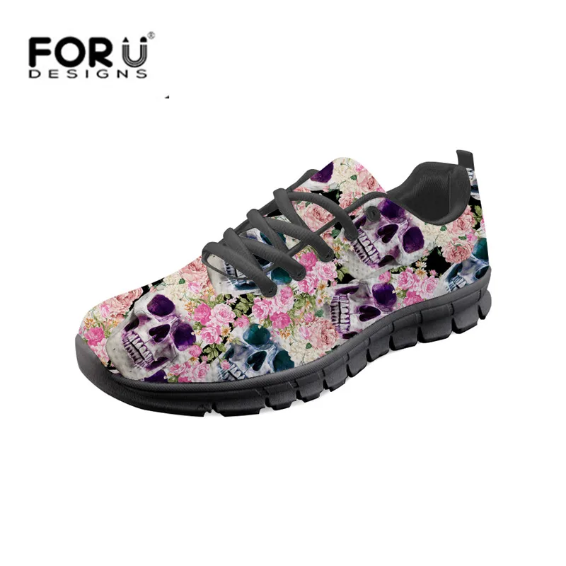 

FORUDESIGNS Teens Girls Casual Flats Walking Shoes Retro Skull Floral Printed Women's Light Lace-up Sneakers Breathable Shoes